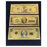 Gold $1 Million, $5,000, & $1 Bills