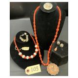 Vintage Coral Bead Necklaces & Charm Set