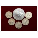British coin lot: (1) Silver jubilee, (5) One