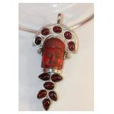 Handmade sterling XL Buddha head Garnet pendant,