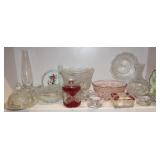 Assorted Vintage Glass; Cranberry lidded jar,