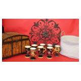 Decor Items; vases, small chest, metal wall art,