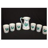 Deruta Italy Ceramic Rooster Pitcher & 6 matching