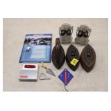 Misc lot; sad irons, German Vases, Swiss Knife,