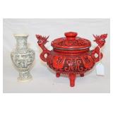 2pc lot; 6.5' Resin Vase & Chinese Carved