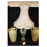 3pc; pair of Roseville Ohio Vases 14' tall,