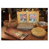 7pc Decor lot; Baskets, wall art, wicker