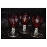 Set of 3 Cranberry Pink Cut to clear Vintage