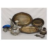 Assorted Pewter & Silverplate Trays, Pitcher,