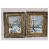 Pair Oil on Board Snowy Landscape by Jean
