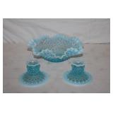 3pc Fenton Hobnail blue opalescence ruffled