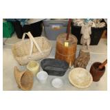 10pcs Misc Shelf Lot, Churn, Baskets, Pots, Wood
