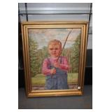 Oil on Canvas Boy w/ Stick by K. Maler in Gold