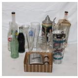Box of old bottles, shot glasses & 2 extra flasks