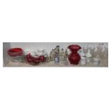 Shelf Lot of Glass and China (cranberry glass with