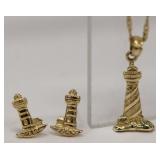 Yellow Gold Lighthouse Necklace and Earrings