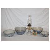 4pc Spongeware Bowls, kerosene lamp,