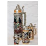4pc German Steins; 4.5' to 18' tall