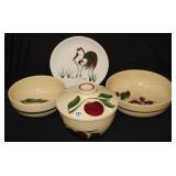 4pc Watt Pottery Bowls; 11' plate, covered