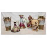 Group of 6 handpainted Nippon vases, pitchers,