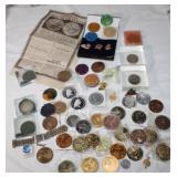Large lot of collectible tokens, pins, Mardi Gras