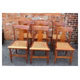 Set of 6 Antique tiger maple dining chairs w/ cane