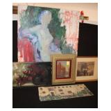 5pc Art;  Original Oils & 2 prints; Red Rose Still