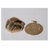 2pcs 14kt yellow gold Pendants; knot & monogram
