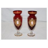 Pait of Bohemian Cranberry Vases w/ Cameos