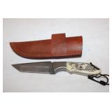 Damacus Knife w/ scrimshaw skull 8.75 long