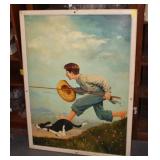 Oil on Board Boy Going Fishing with Dog