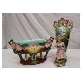 2pcs Majolica Figural Vase 14.75' w/small rim &