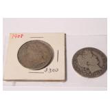 Two Rare Antique Barber Half Dollars (1) 1908,
