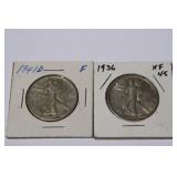 2pc Walking Liberty Silver Half Dollars; 1936 XF
