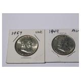 2pc Franklin SIlver Half Dollars; 1949 AU &
