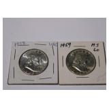 2pc Franklin Silver Half Dollars; 1958 UNC &
