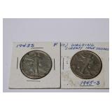 2pc Walking Liberty Silver Half Dollars; 1943S F &
