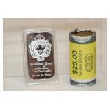 One troy ounce .999 Fine Silver & $25 roll of $1
