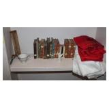 Shelf Lot; Vintage Books, Wood Tool, Tablecloths