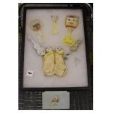 Vintage Baby Rattler , Kleenex Box, Baby Shoes
