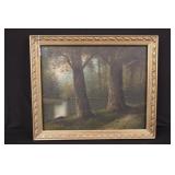 Original Oil on canvas Lake Scene Man Canoeing