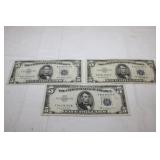 3 - $5 Silver Cerfificates dated 1953, 1953A,