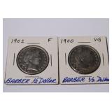 2pc Barber Half Dollars Silver; 1900 VG & 1902 F