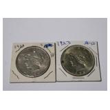 2pc 1923 Peace Silver Dollars; XF & AU-50