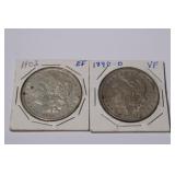 2pc Morgan Silver Dollars; 1890 O VF & 1902 EF