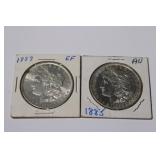2pc Morgan Silver Dollars; 1885 AU & 1889 EF