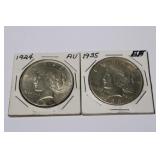 2pc Peace Silver Dollars; 1924 AU & 1935 EF