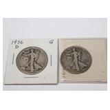 2pc Walking Liberty Silver Half Dollars; 1919D F &