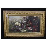 19th Century Oil on Canvas Pansies in ornate