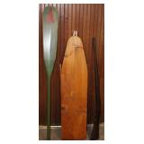 Misc lot; antique ironing, oar, gun stock